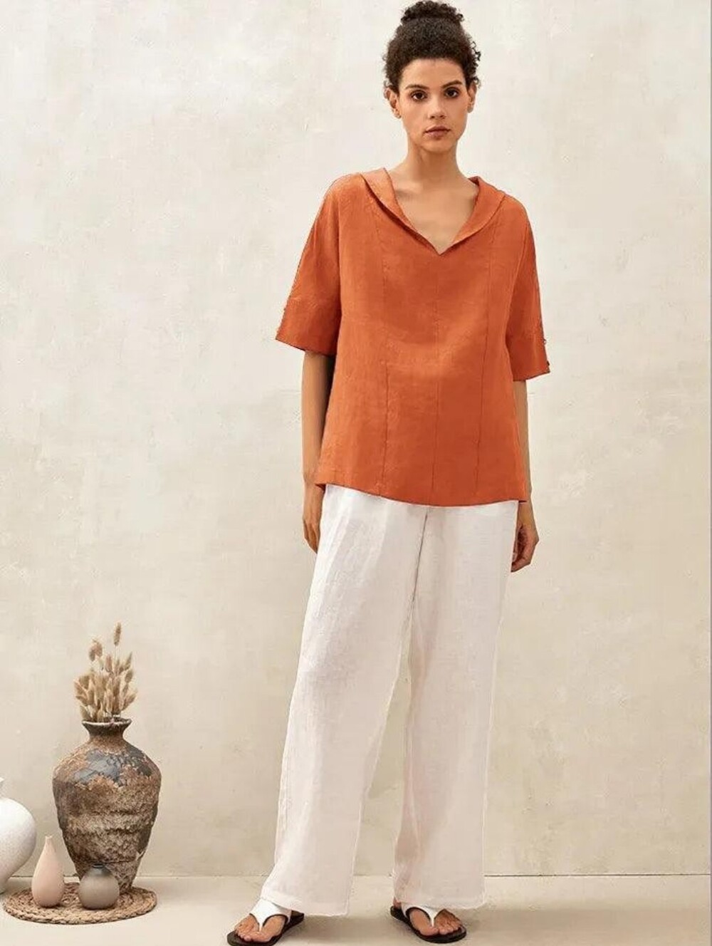 Lintico 100% Linen V Neck Short Sleeve Shirt Size M Sierra Burnt Orange - Picture 2 of 13